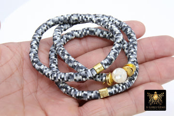Heishi Clay Beaded Bracelet, Black and White Gold Drum Stretchy Bracelets #698, Gold Drum Zebra Heishi Bangle